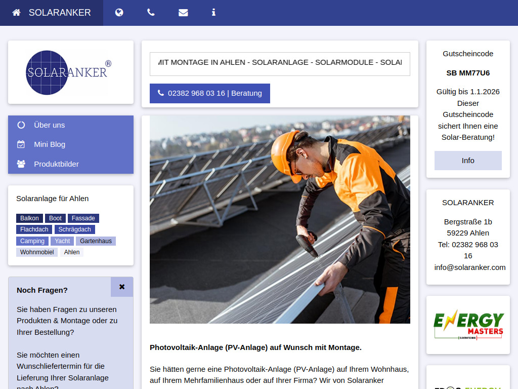 Website von Solaranlage Ahlen - Photovoltaik-Anlage auf Wunsch mit Montage. in Pa