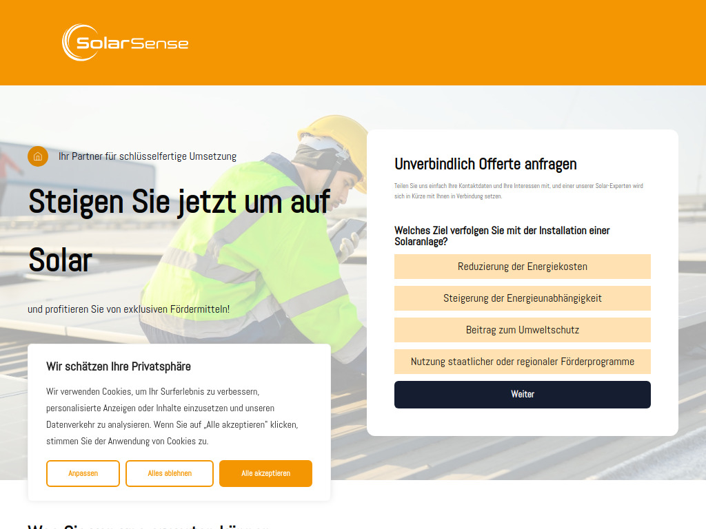 Website von Solarsense GmbH in Luzern