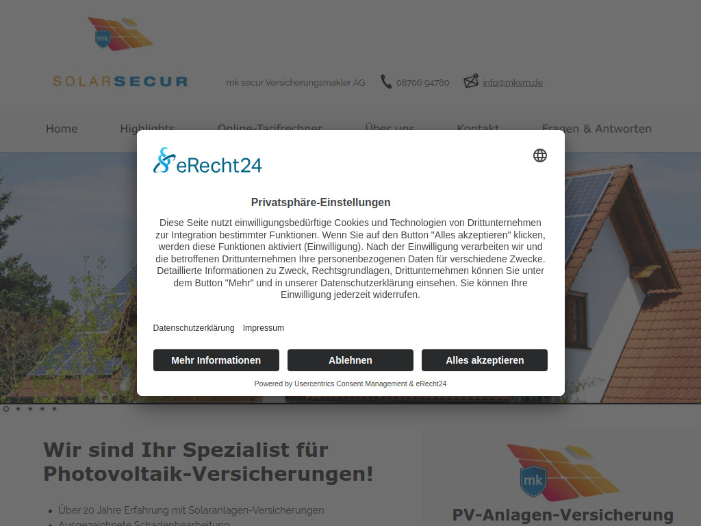Website von mk secur Versicherungsmakler AG in Vilsheim
