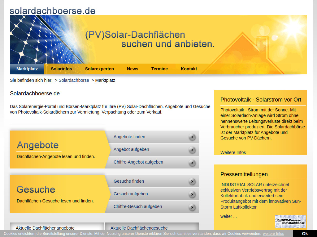 Website von Solardachbörse: Marktplatz