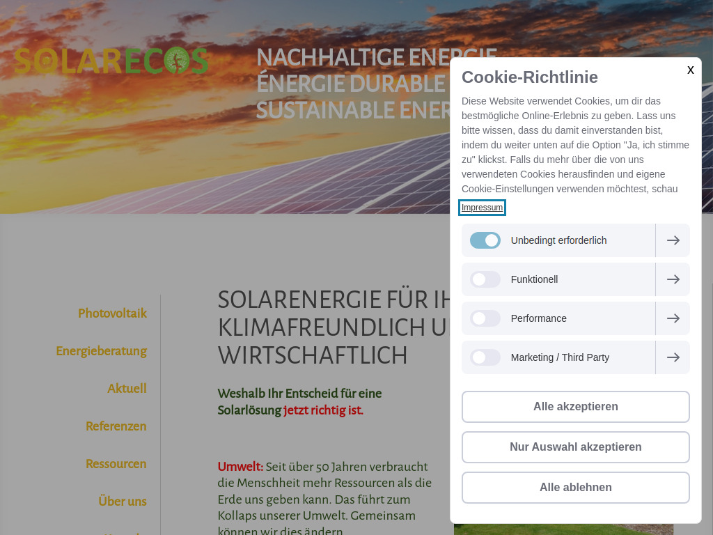 Website von SolarEcos GmbH in Bettingen