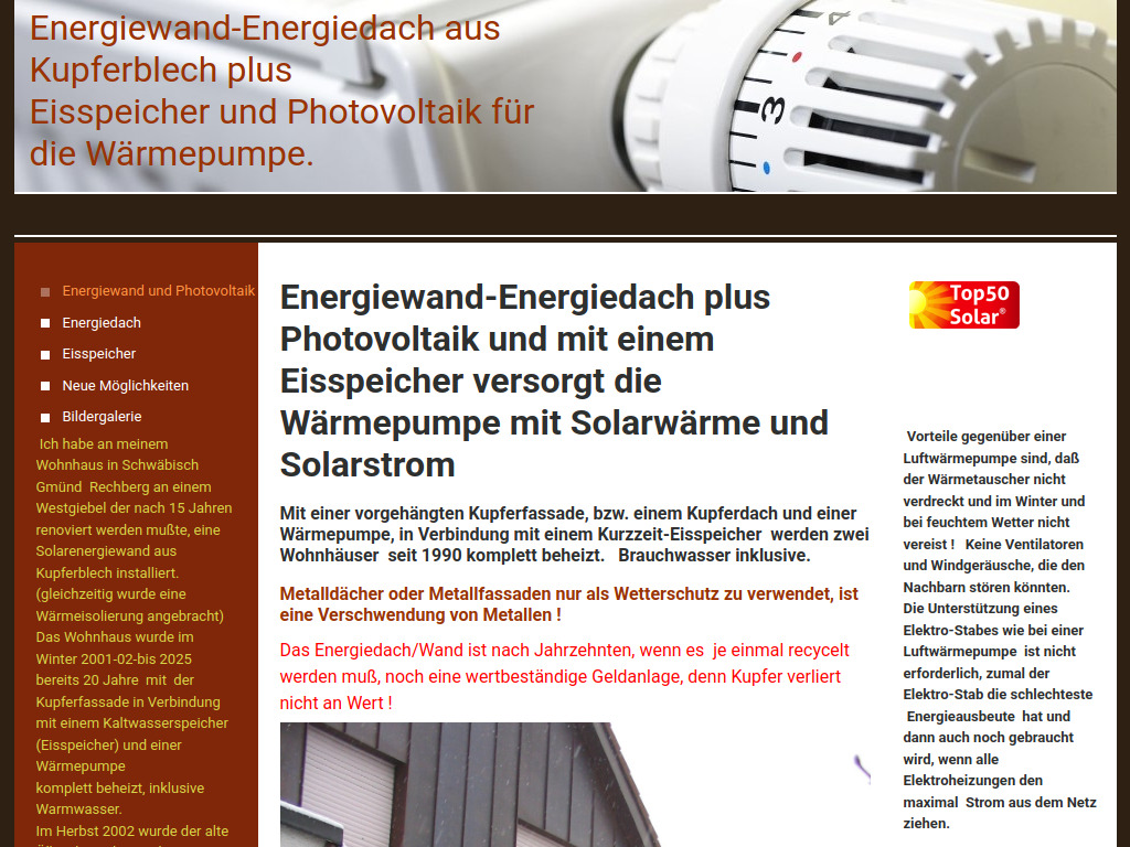 Website von Energiwand- Energiedach aus Kupferblech plus Eisspeicher und Photovoltaik in Schwäbisch Gmünd-Rechberg
