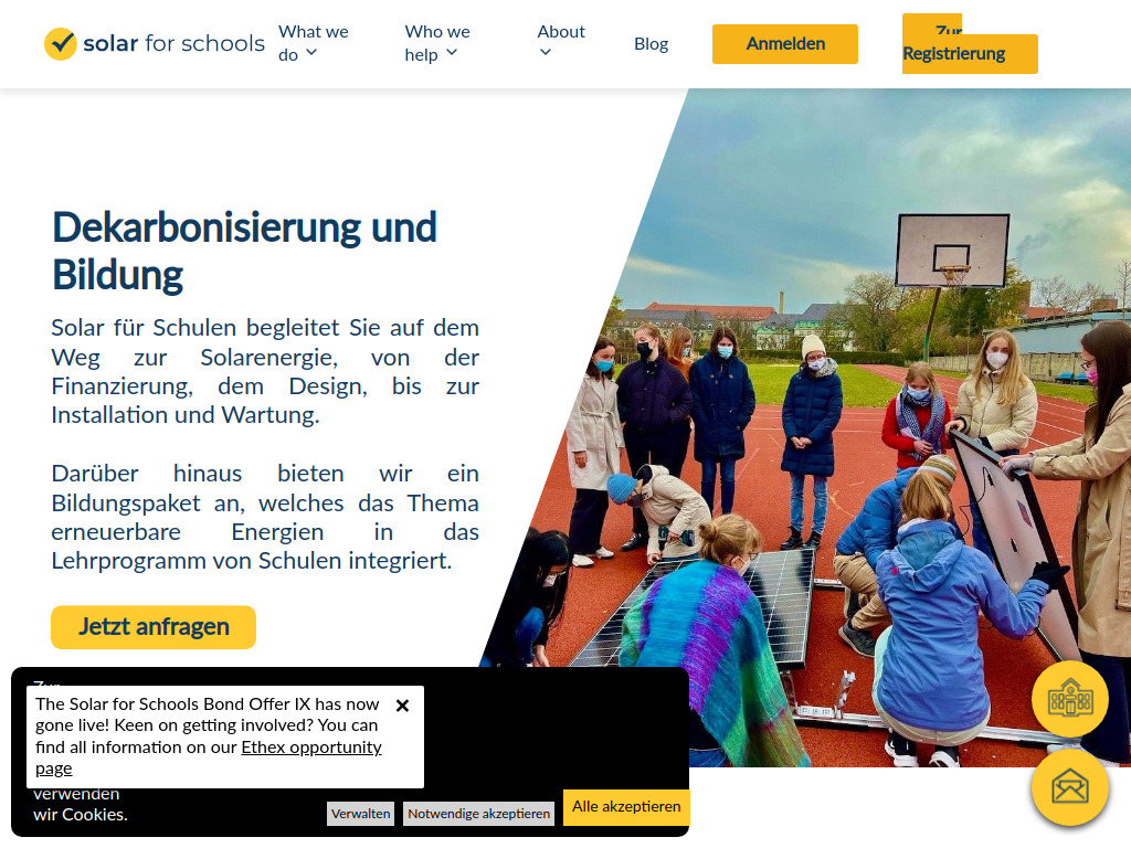 Website von Solar for Schools - Education funded by the sun GmbH in Gauting