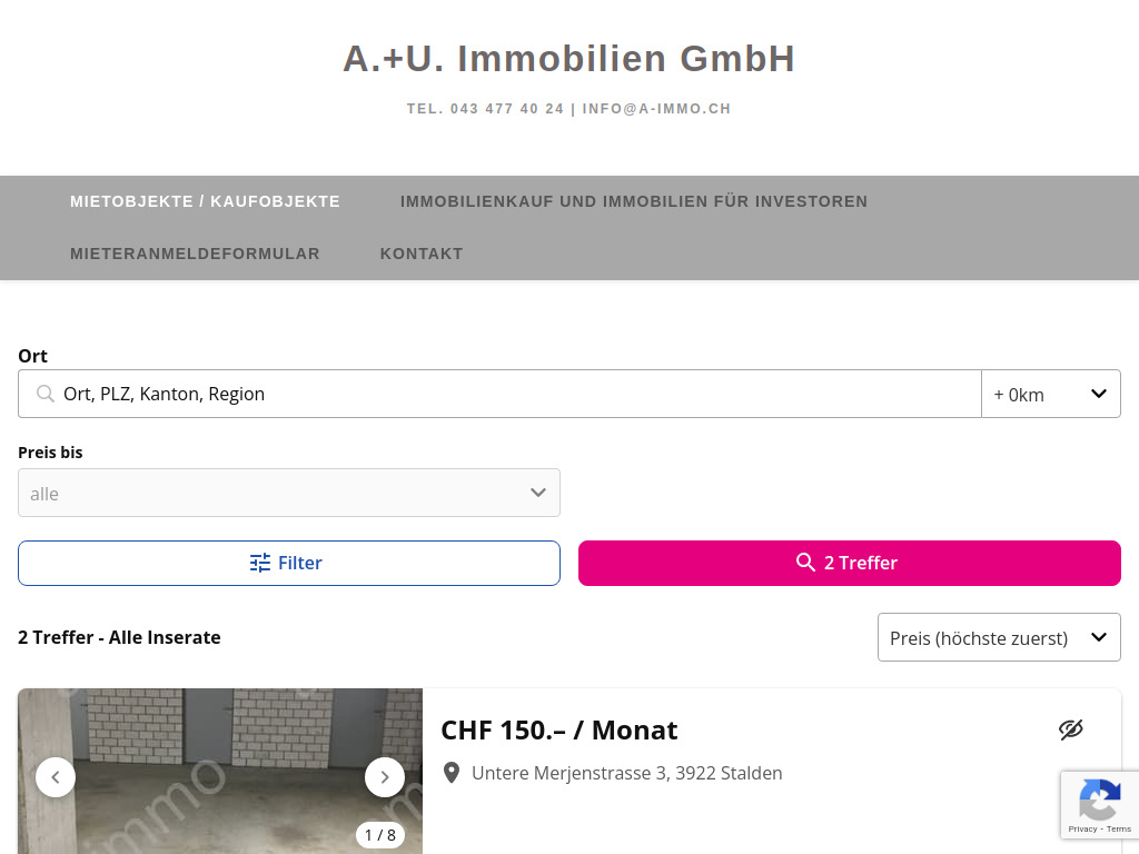 Website von A.+U. Immobilien GmbH in Wetzikon ZH