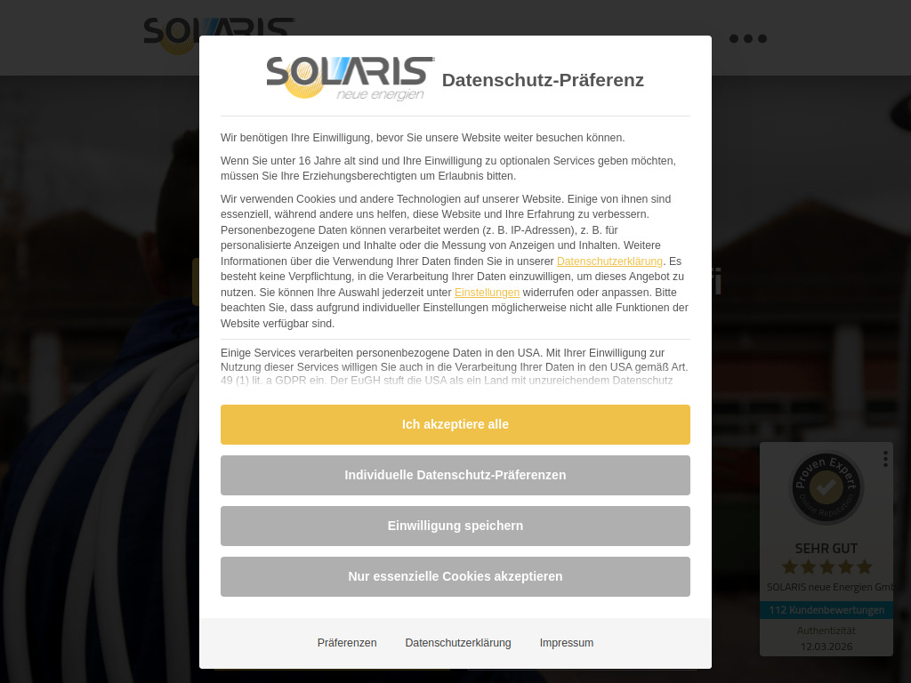 Website von SOLARIS neue Energien GmbH in Schönenberg-Kübelberg