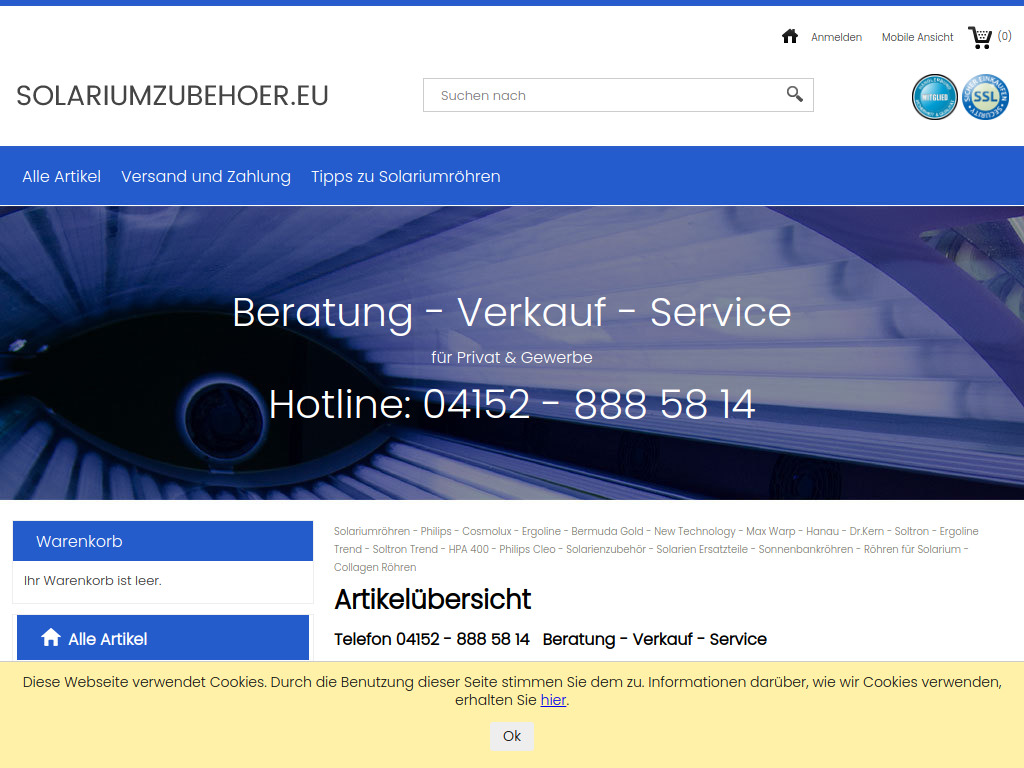 Website von Solariumzubehoer.eu - Solariumröhren - Solariumersatzteile in Geesthacht