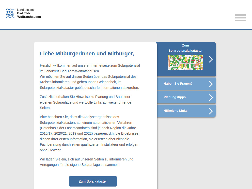 Website von Solarpotenzial des Landkreis Bad Tölz-Wolfratshausen in Bad Tölz
