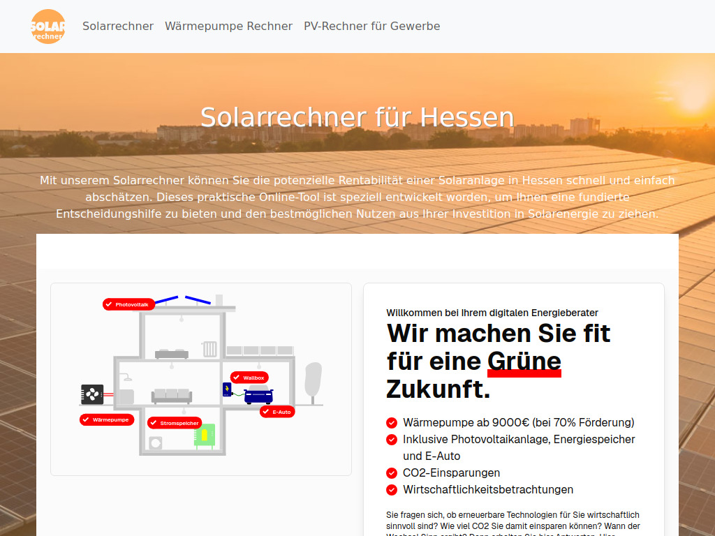 Website von Solarrechner Hessen - kostenlos Photovoltaik Rechner
