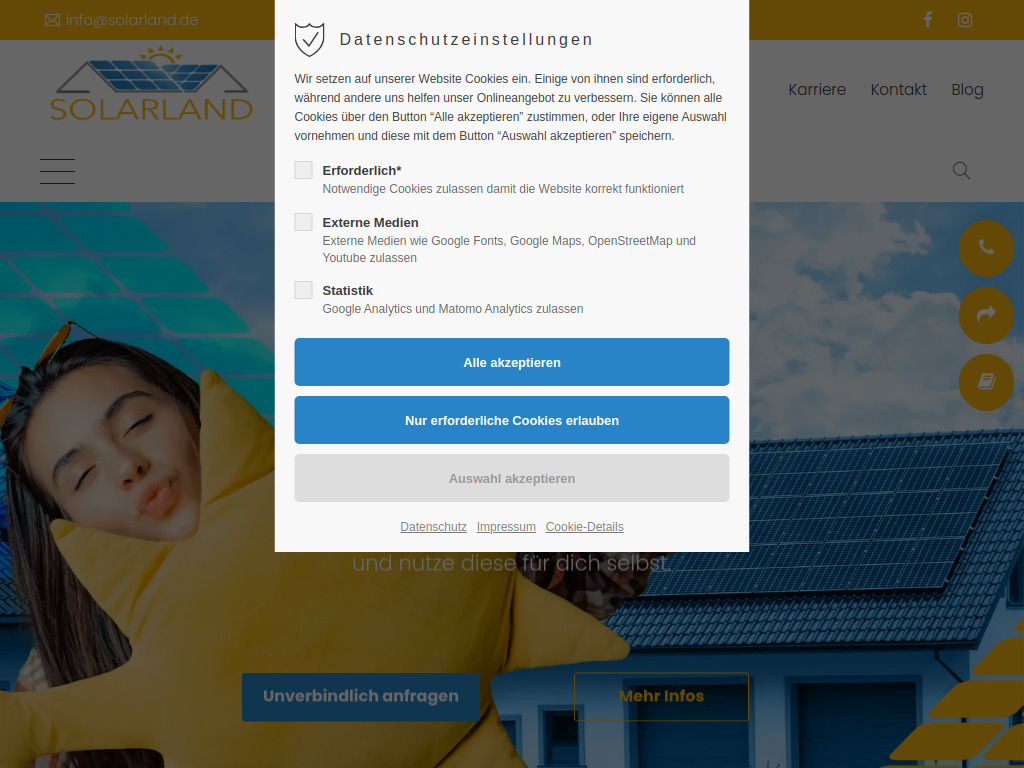Website von Energie für Alle-Solaranlagen vom Profi - SOLARLAND Deutschland in Have any questions