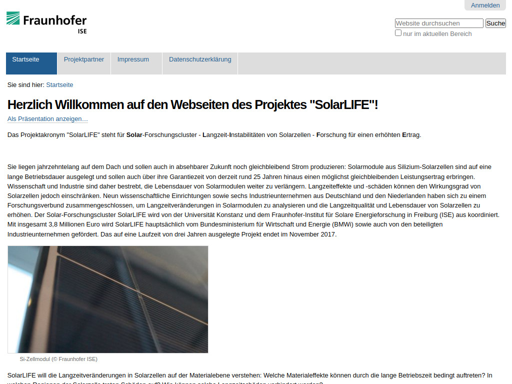 Website von Fraunhofer-Institut für Solare Energiesysteme ISE in Freiburg