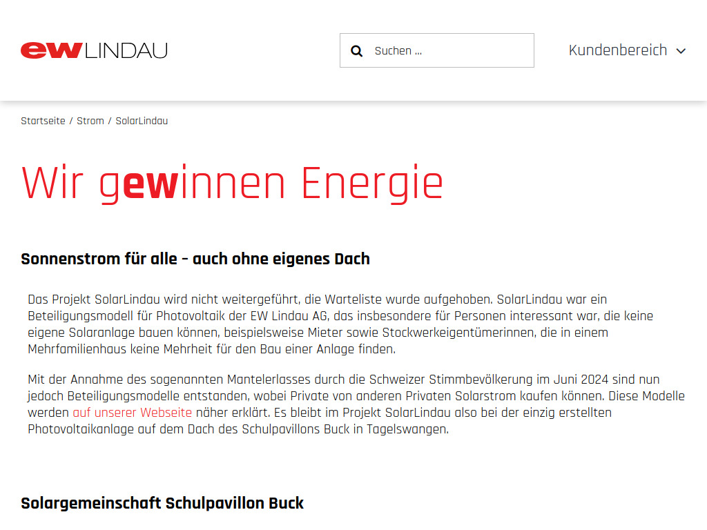 Website von EW Lindau AG in Winterberg