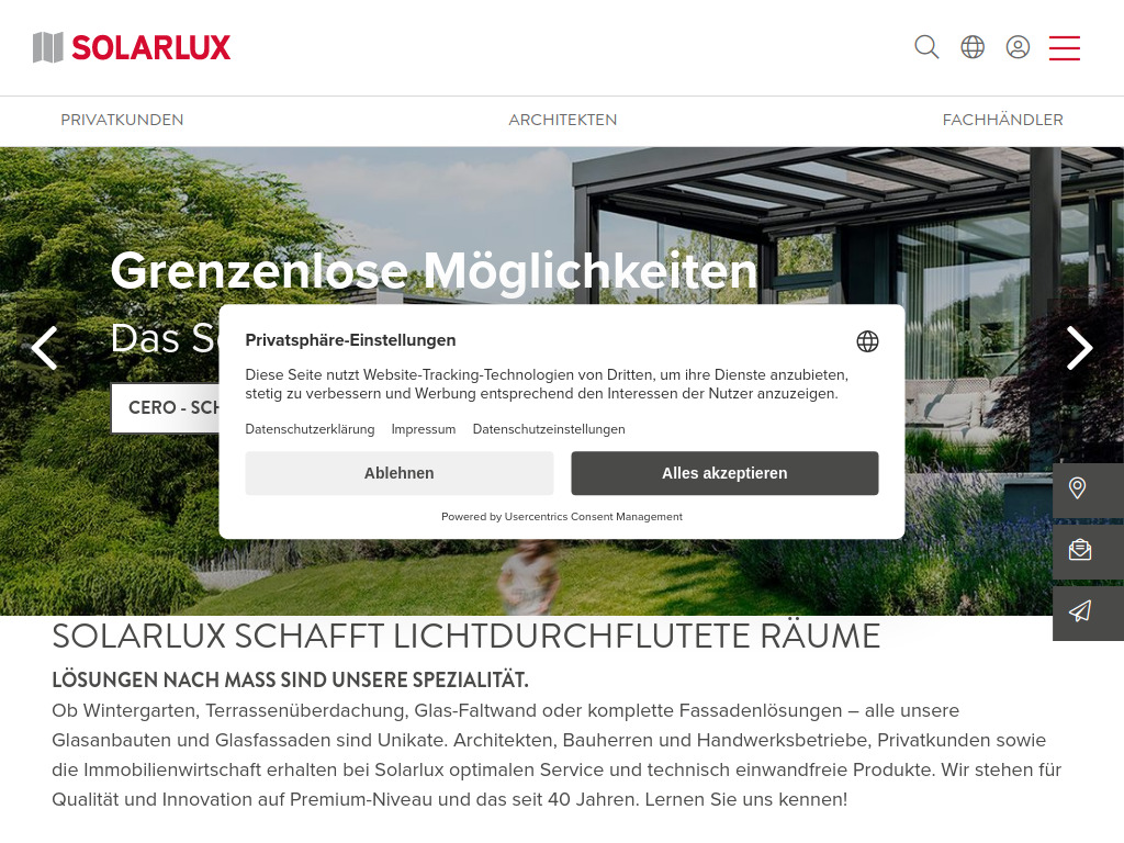 Website von Solarlux Austria GmbH in Innsbruck