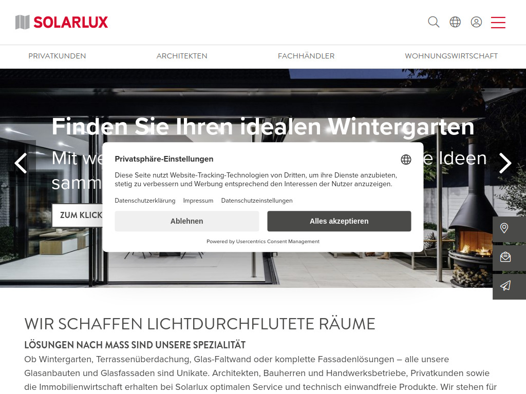 Website von Solarlux (Schweiz) AG in Itingen