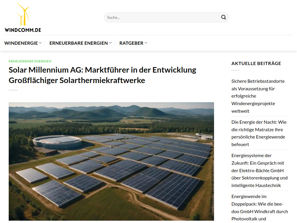 Website von Solar Millennium AG in Erlangen