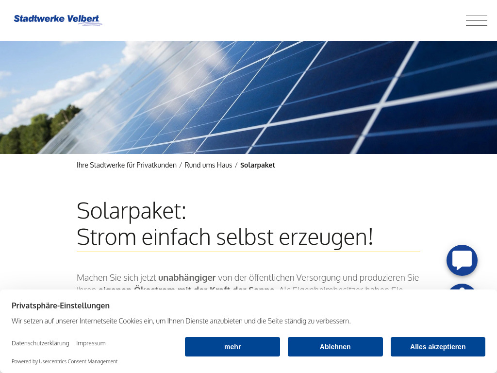 Website von Stadtwerke Velbert