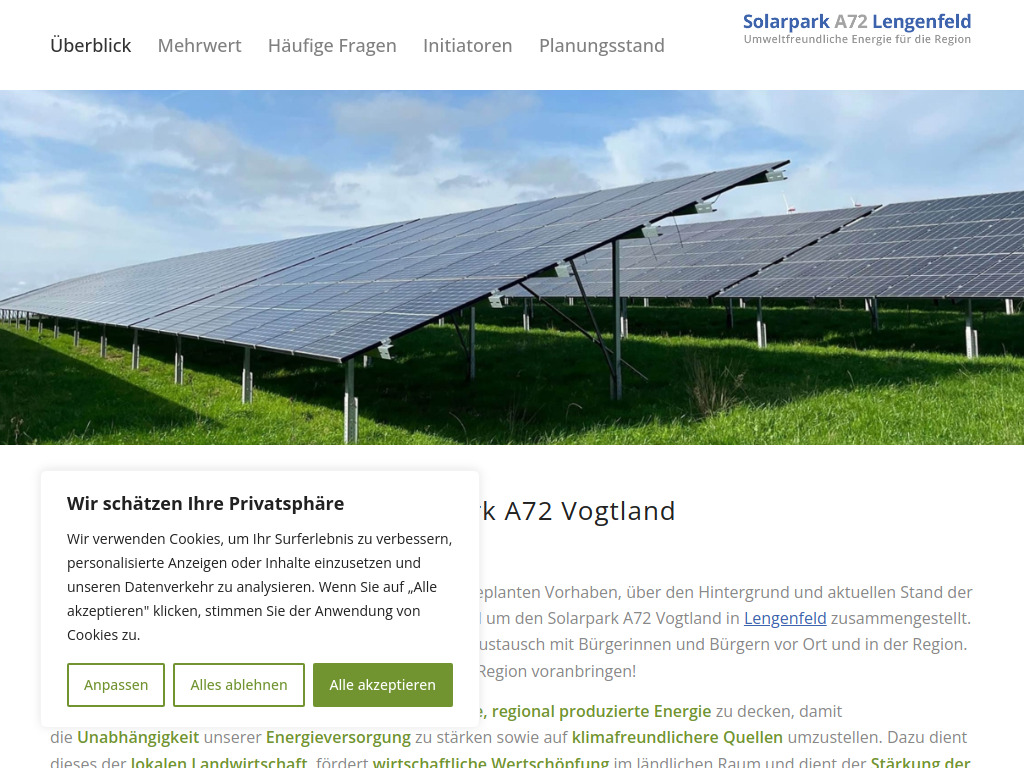 Website von Solarpark A72 Vogtland GmbH & Co KG in Waldkirchen