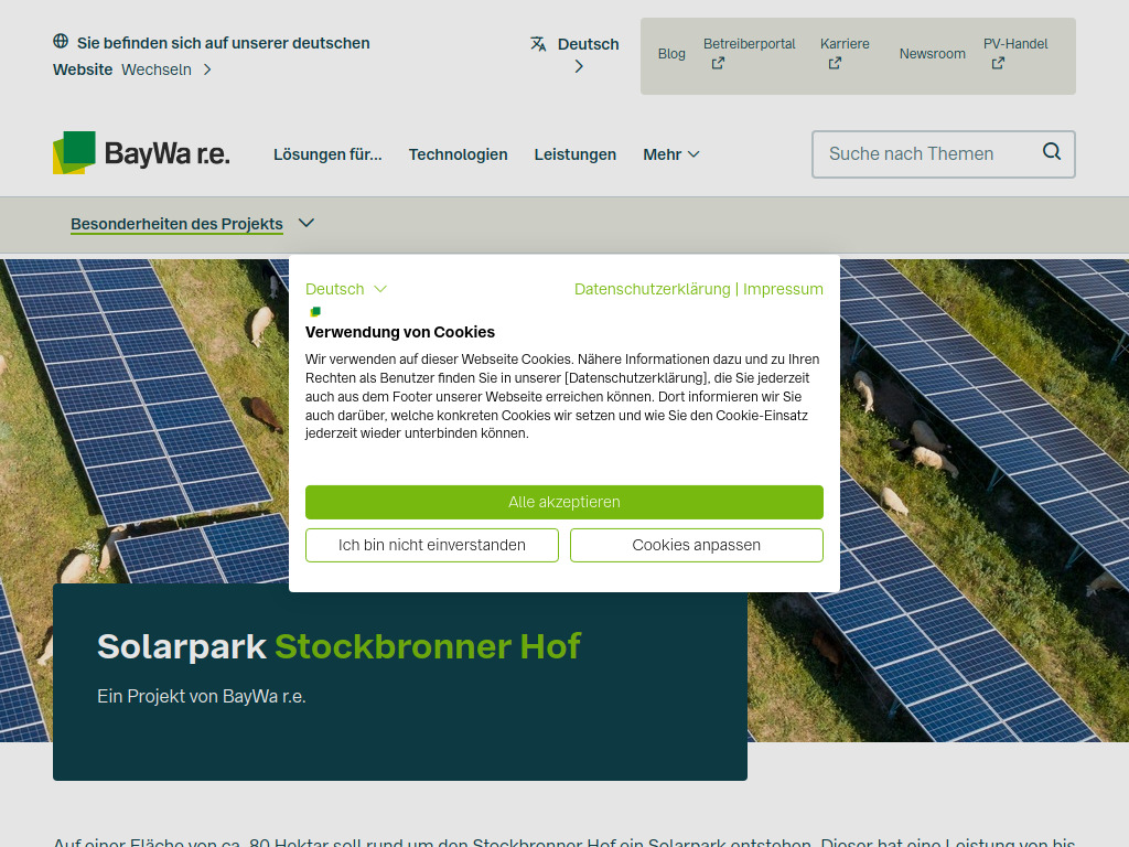 Website von Solarpark Stockbronner Hof: Ein Projekt von BayWa r.e.