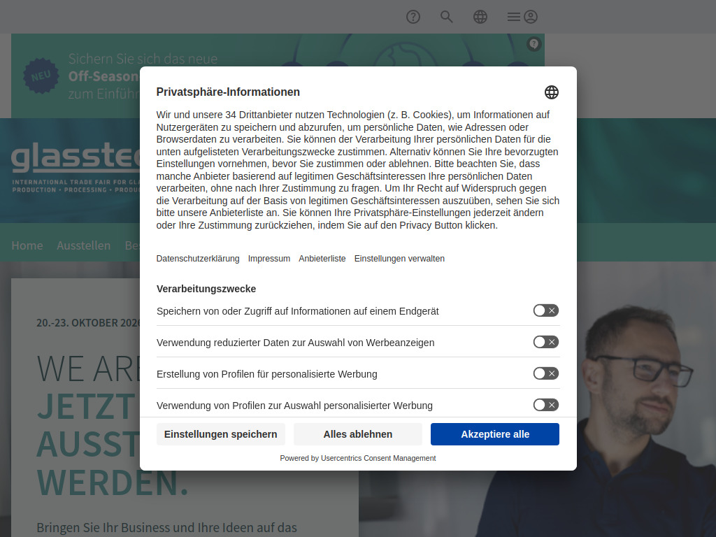 Website von glasstec 2026 in Düsseldorf