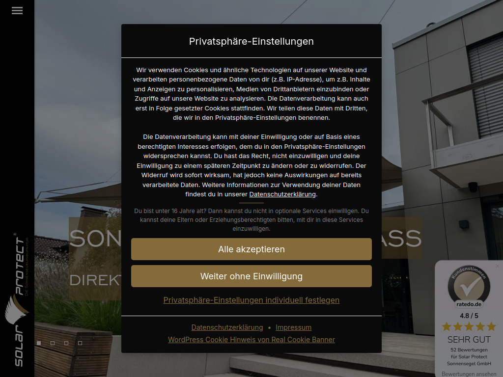 Website von solar protect sonnensegel gmbh in Zwenkau