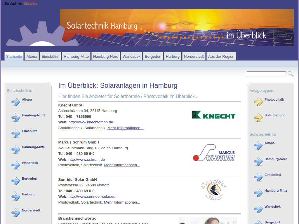 Website von Solaranlagen im Überblick: Photovoltaik / Solar-Heizung in Hamburg in Hamburg
Tel