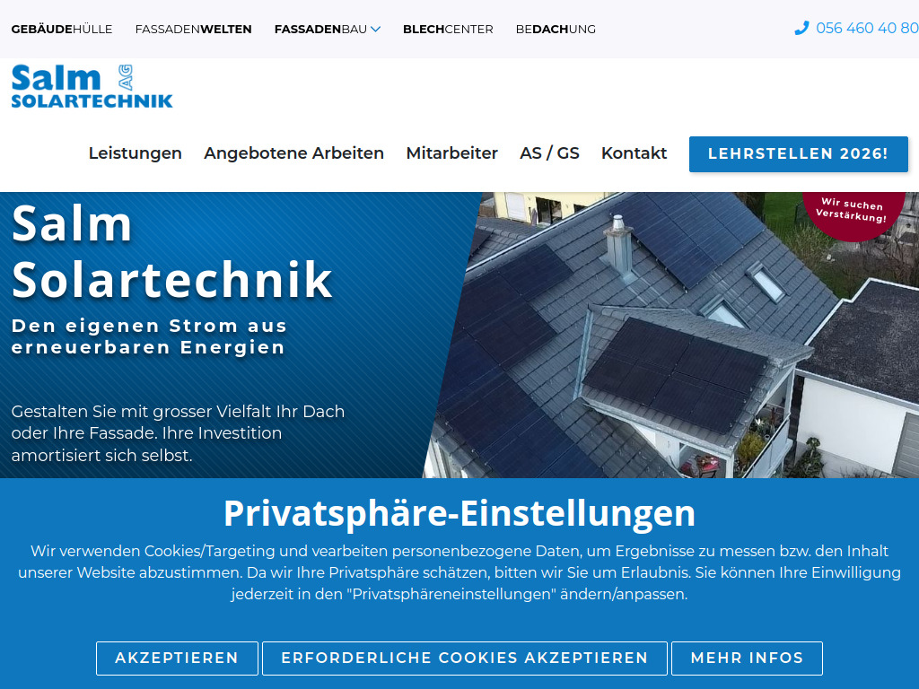 Website von Salm Solartechnik AG in Schinznach-Dorf