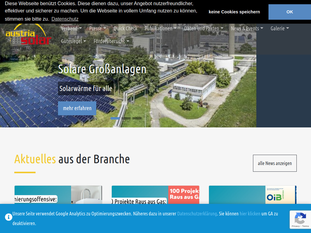 Website von Austria Solar - Verein zur Förderung der thermischen Solarenergie in Wien