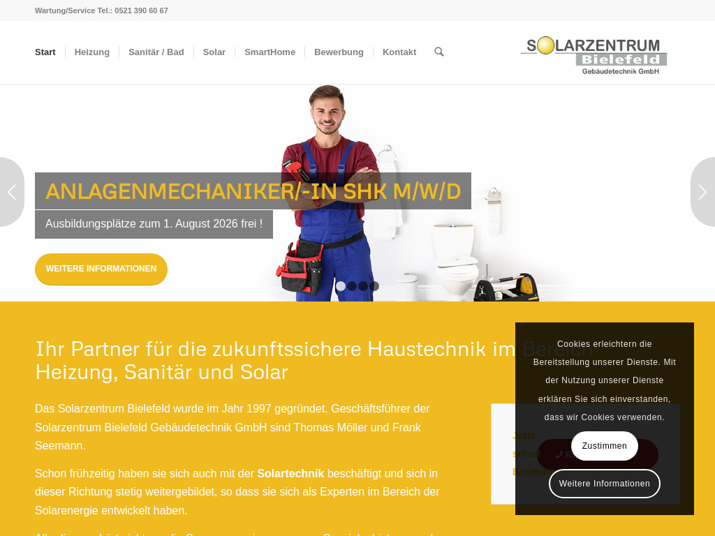 Website von SOLARZENTRUM Bielefeld Gebäudetechnik GmbH in Bielefeld