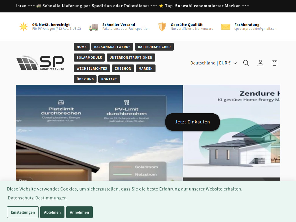 Website von SP-Solarprodukte in Nordhalben
