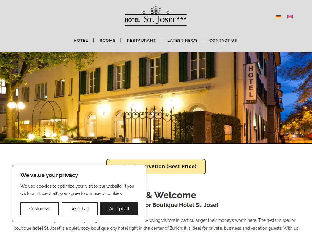 Website von Hotel St. Josef in Zürich