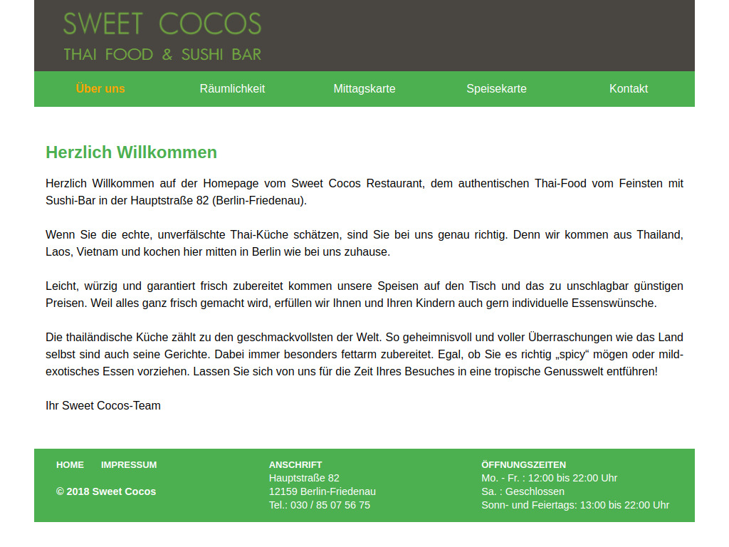 Website von Sweet Cocos Restaurant in Berlin-Friedenau