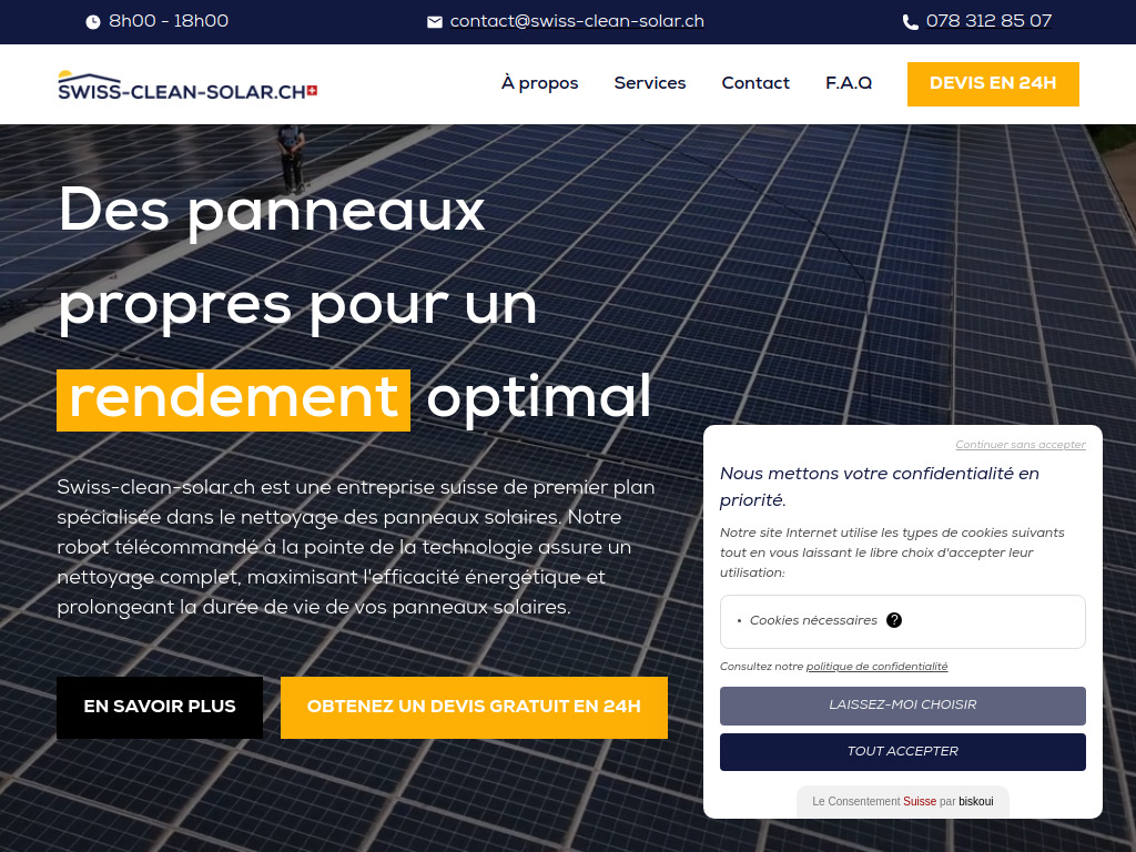 Website von SWISS-CLEAN-SOLAR - Nettoyage de panneaux solaires robotisé - Devis gratuit