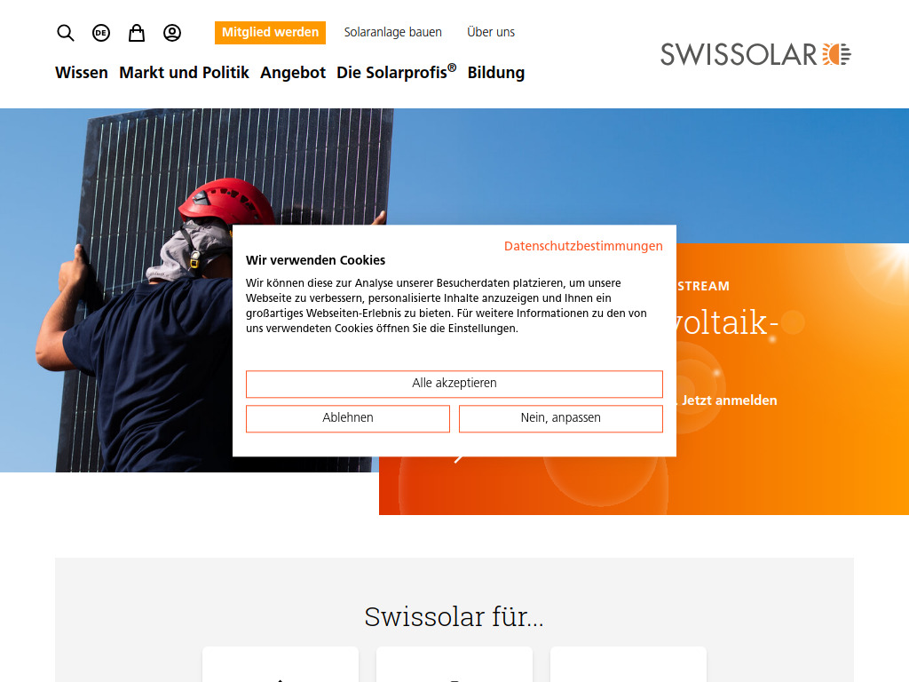 Website von Swissolar – Schweizerischer Branchenverband für Sonnenenergie in Zürich