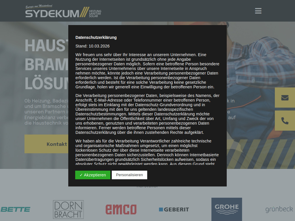 Website von Sydekum Haustechnik Heizung Sanitär Solar in Bramsche