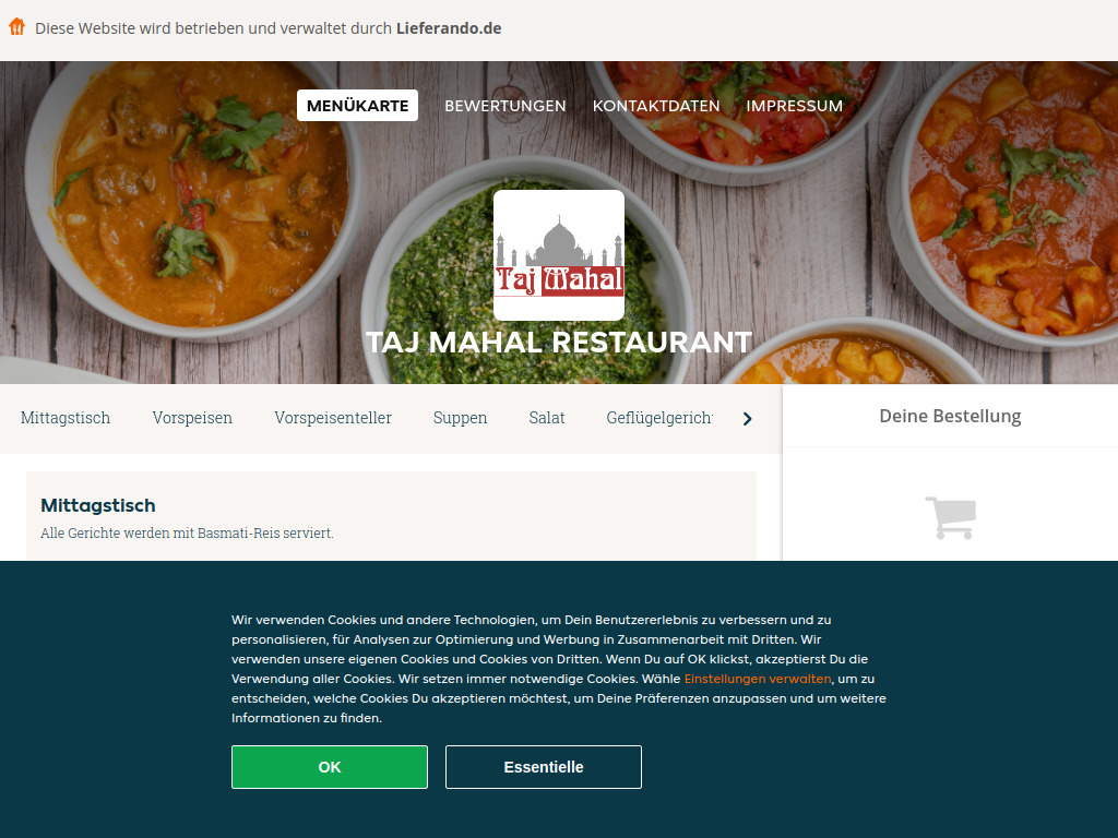 Website von Taj Mahal Restaurant - Essen online bestellen in Ahrensburg in Ahrensburg