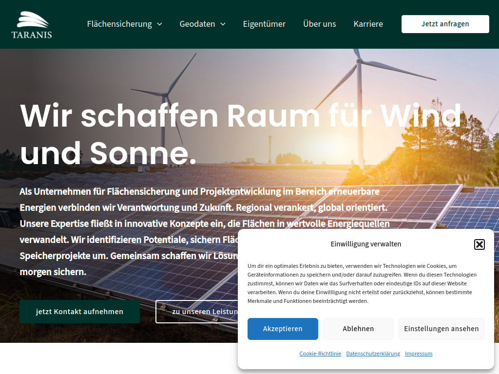 Website von Taranis - Erneuerbare Energien GmbH in Leipzig