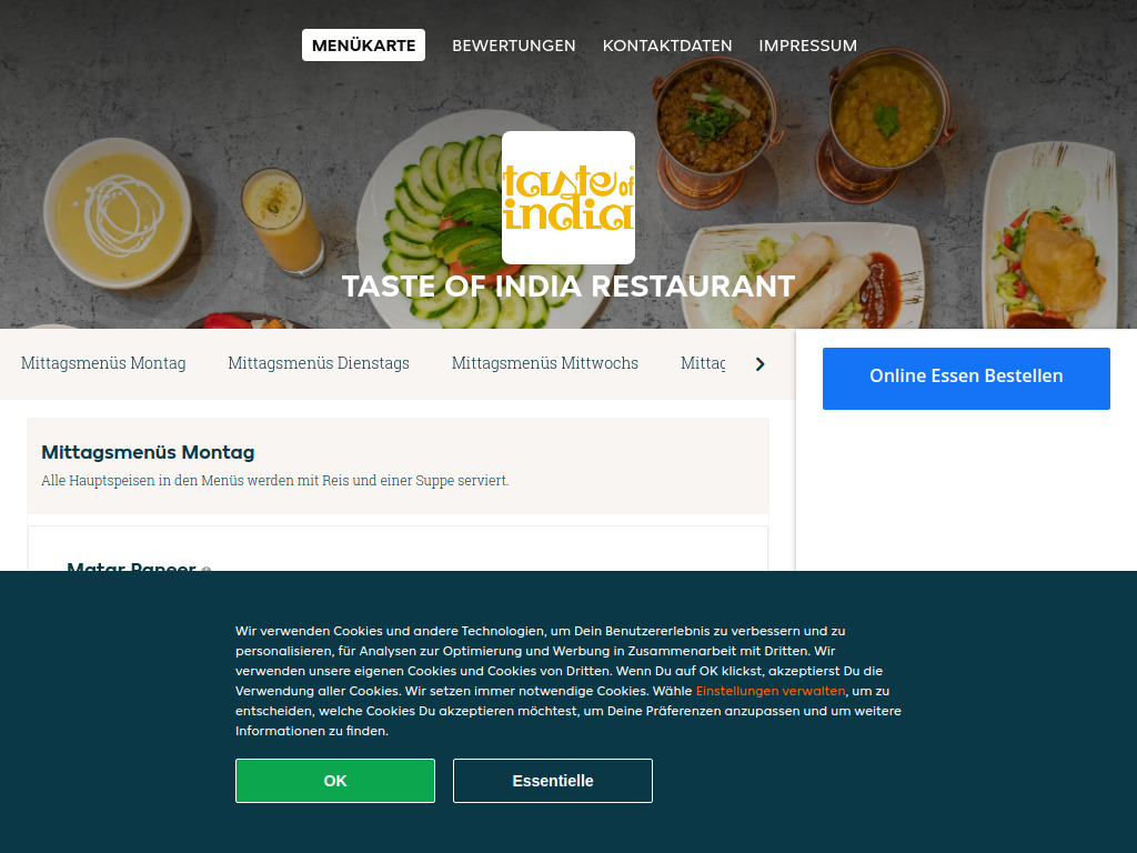 Website von Taste of India Restaurant - Essen online bestellen in Wien