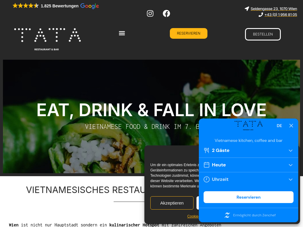 Website von TATA Vietnamesisches Restaurant - Seidengasse 23 1070 Wien in Wien