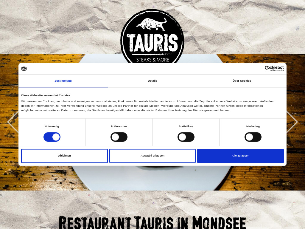 Website von TAURIS Steaks & More in Mondsee