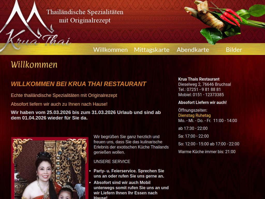 Website von Krua Thai Restaurant in Bruchsal