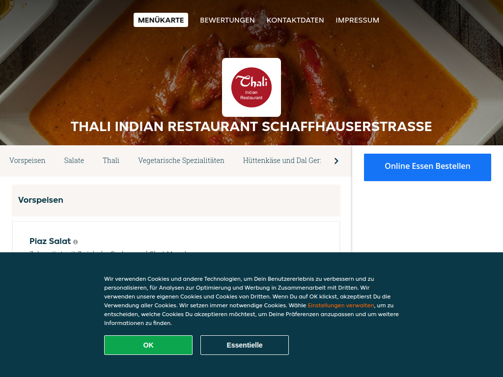 Website von Thali Indian Restaurant Schaffhauserstrasse - Essen online bestellen in Zürich in Zürich