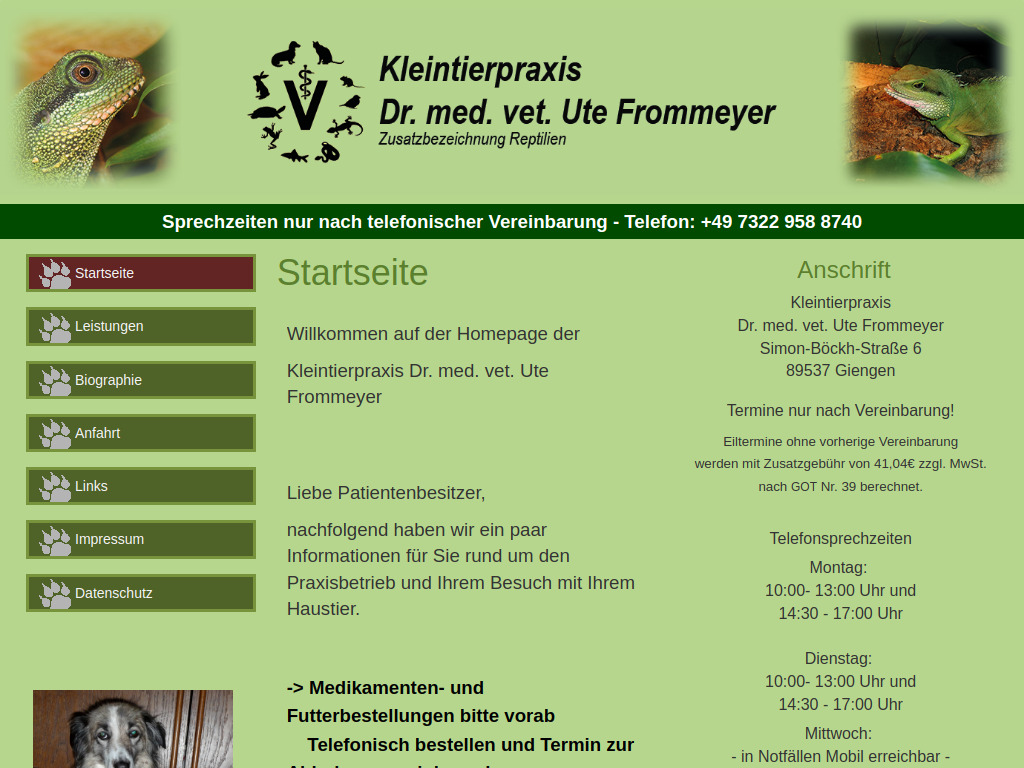Website von Kleintierpraxis Dr. med. vet. Ute Frommeyer in Giengen
