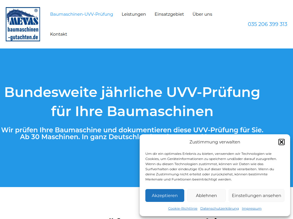 Website von Mevas Baumaschinengutachten in Bannewitz
