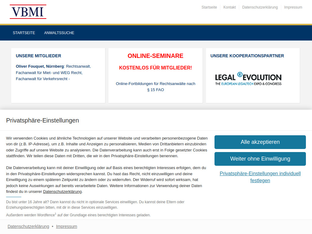 Website von VBMI - Verband deutscher Anwälte für Bau-, Miet- und Immobilienrecht e.V. in Kronshagen