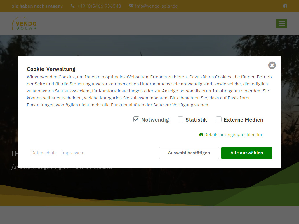 Website von Vendo Solar GmbH & Co. KG in Merzen