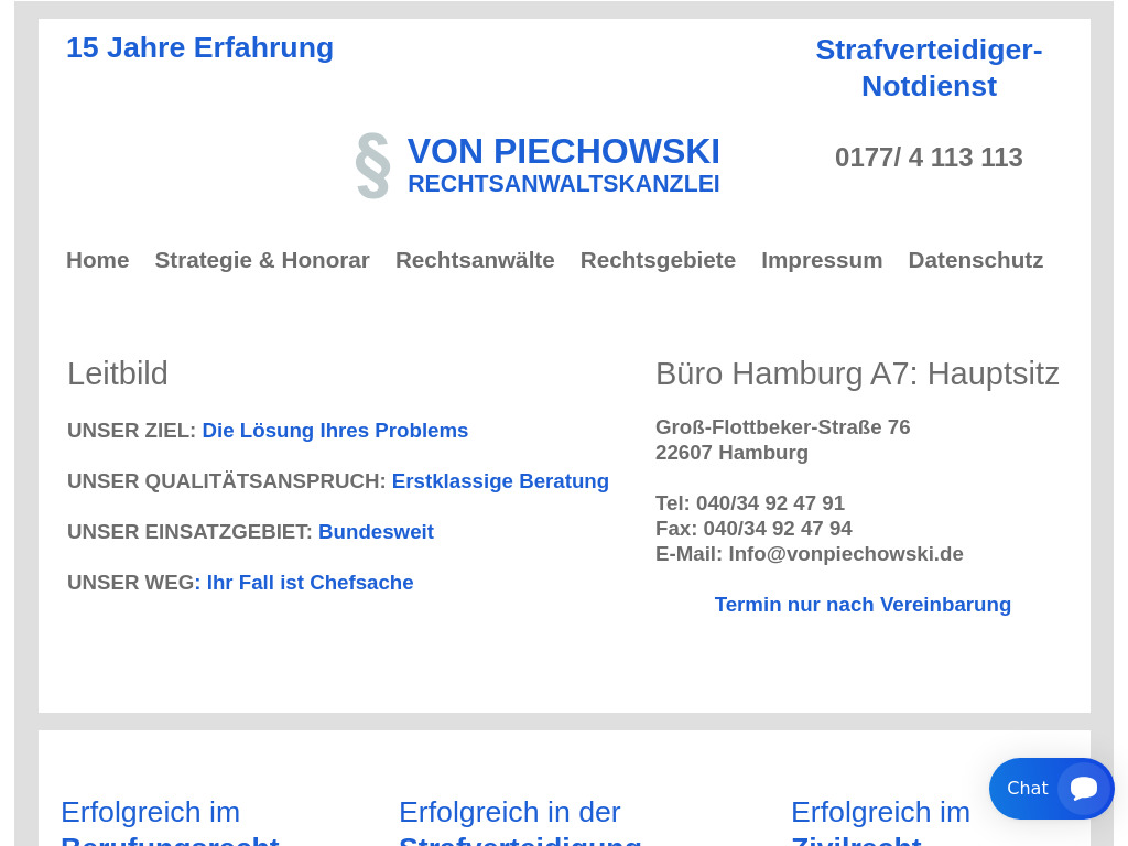 Website von VON PIECHOWSKI RECHTSANWALTSKANZLEI in Hamburg