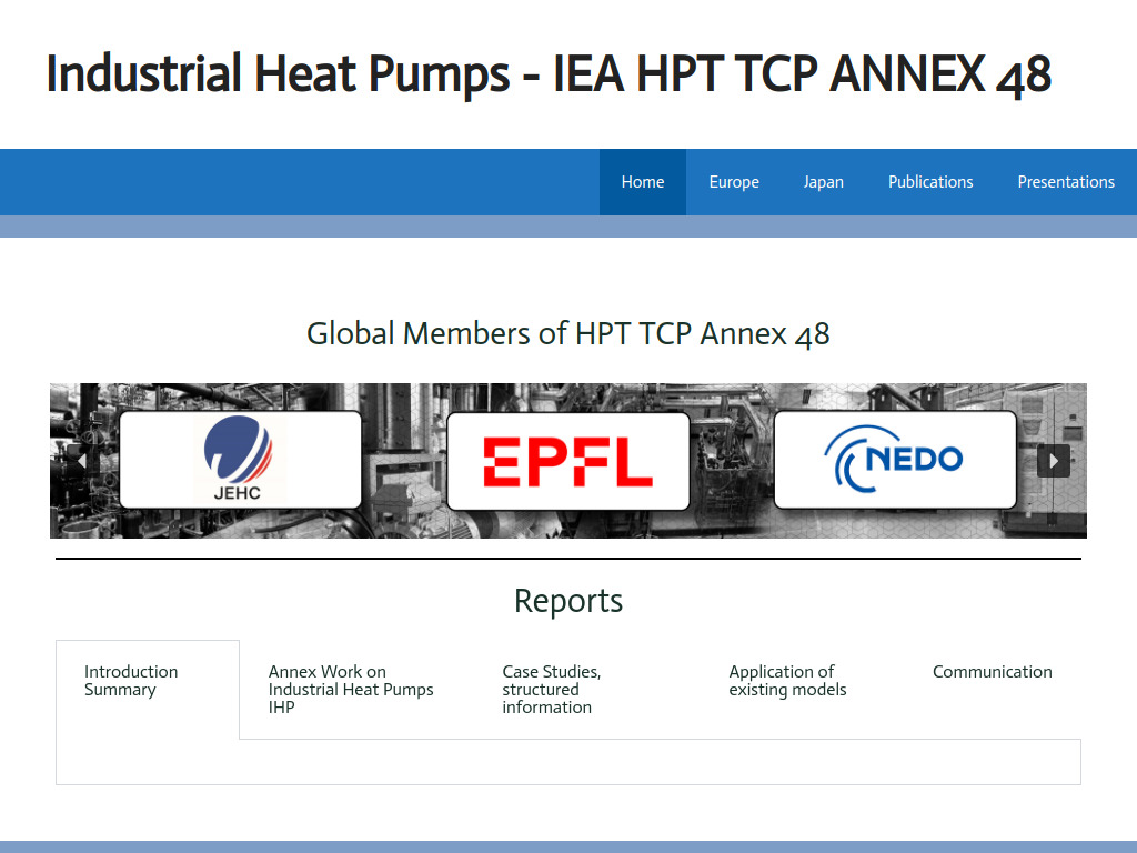 Website von Industrial Heat Pumps in Energetic and economic models Annex