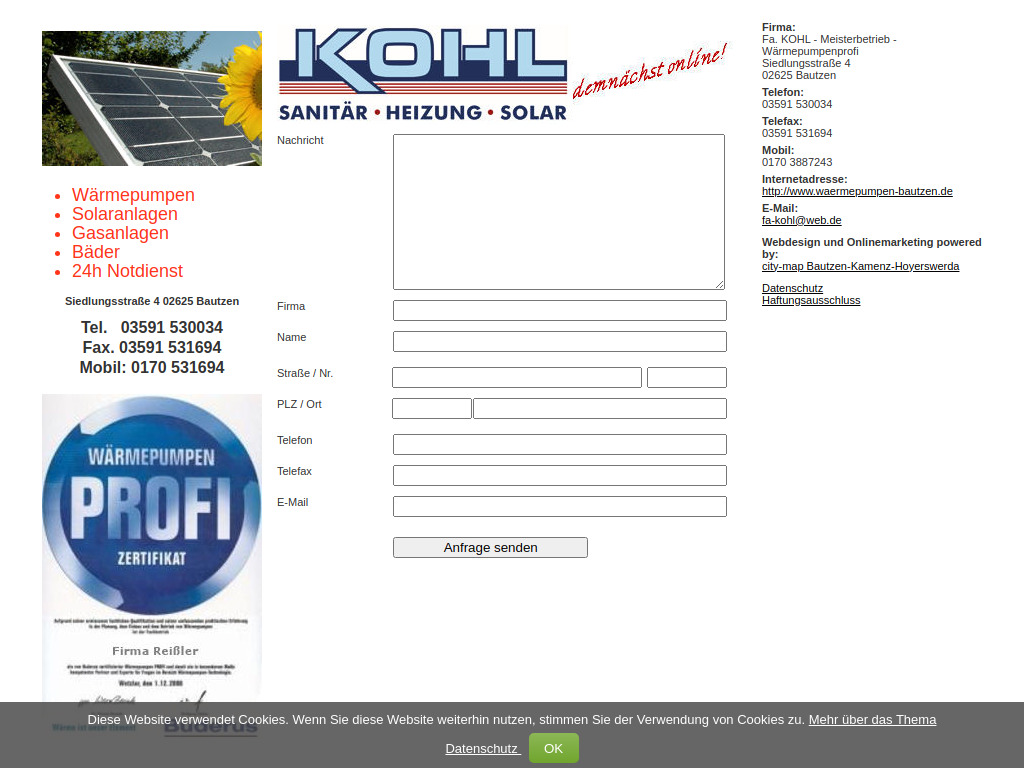 Website von Fa. KOHL - Meisterbetrieb - Wärmepumpenprofi in Bautzen