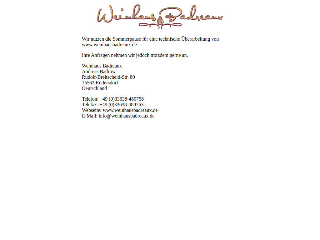 Website von Weinhaus Badreaux in Rüdersdorf