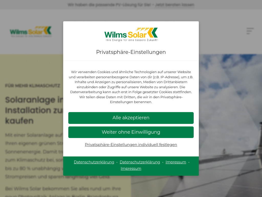 Website von Solaranlage mit Montage zum Festpreis - Wilms Solar