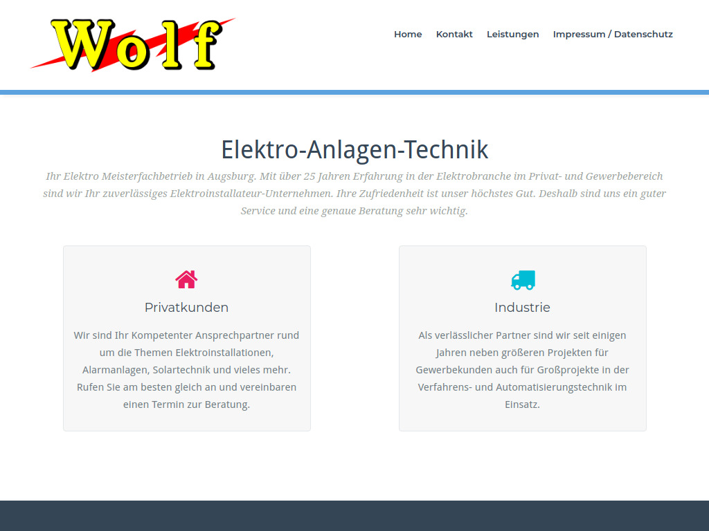 Website von Wolf Elektro-Anlagen-Technik in Augsburg